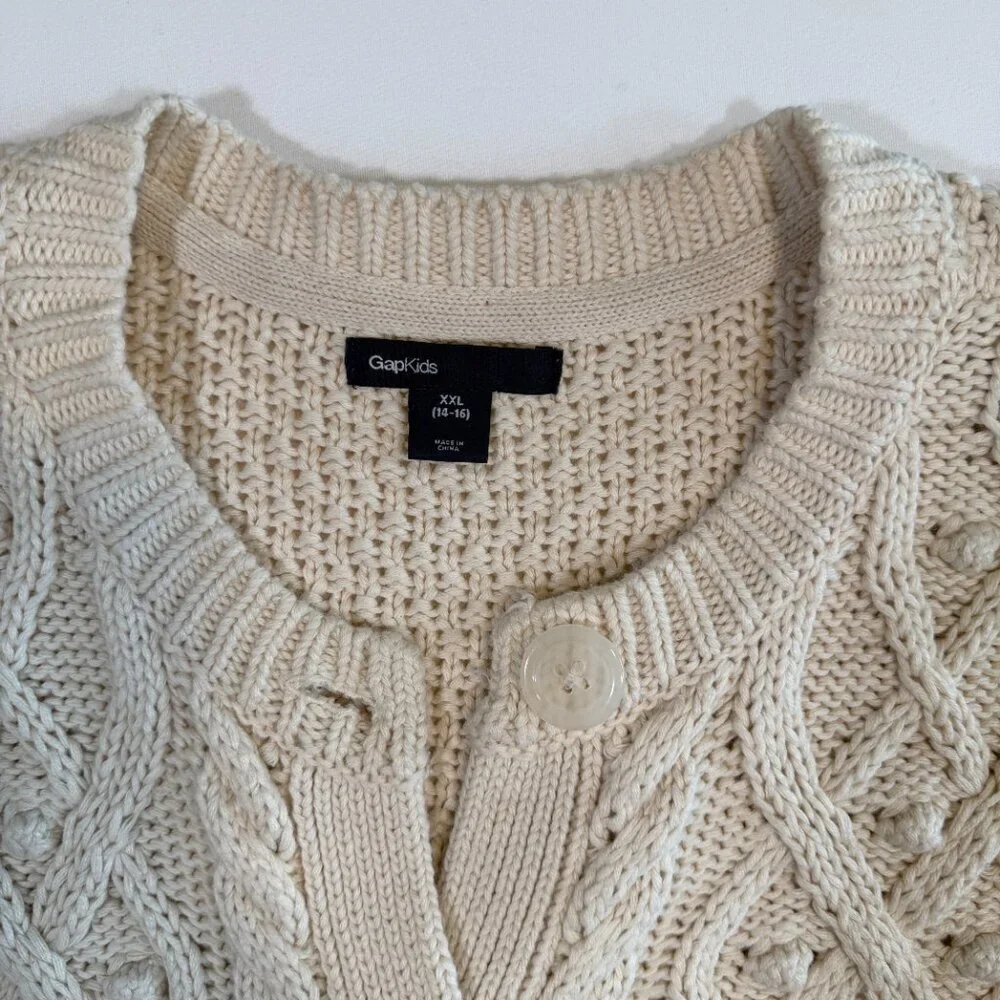 Girls GAP 100% Cotton Cable Knit Long Cardigan Sweater XXL Ivory Cream (14-16)